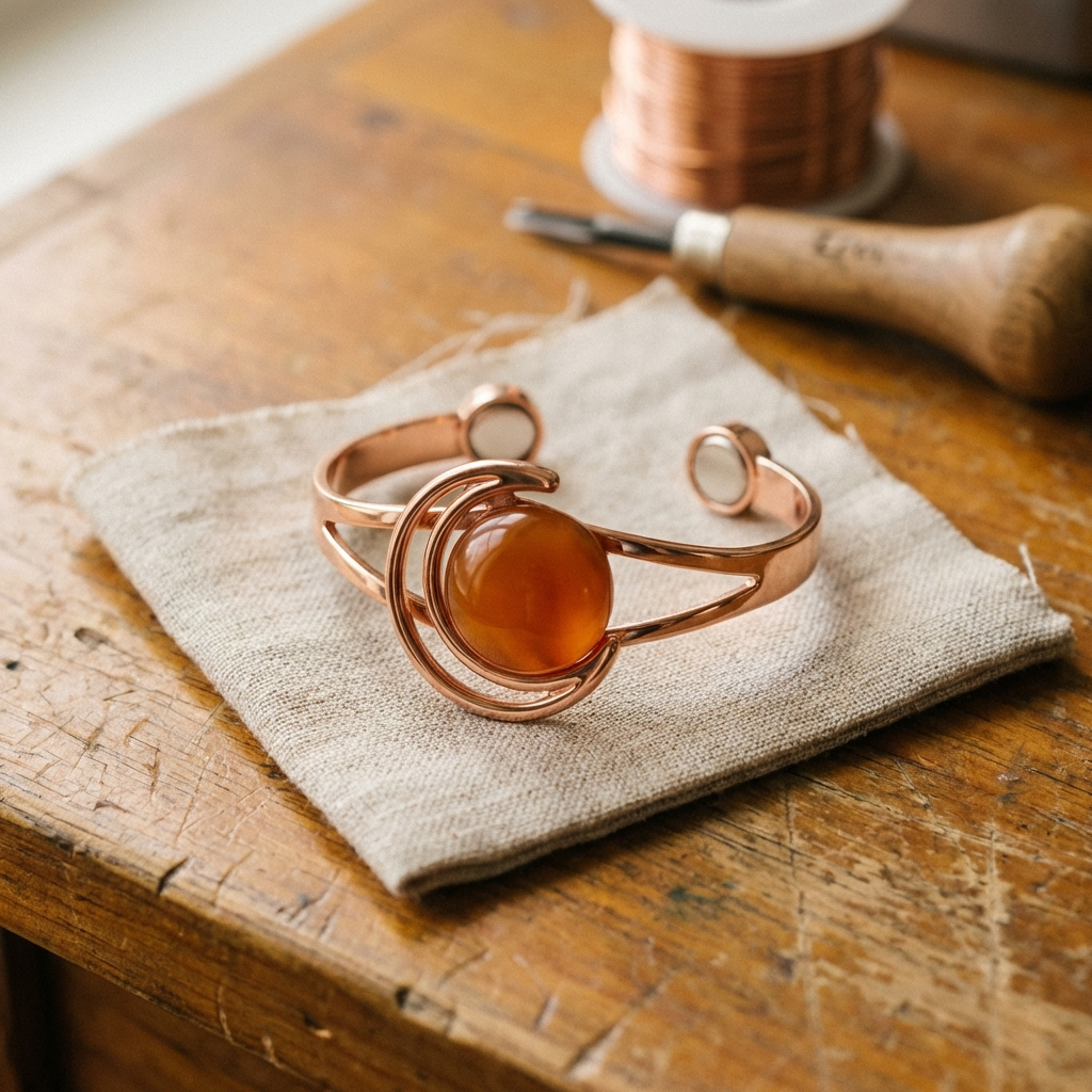 Koperen armband – Bol met oranje steen