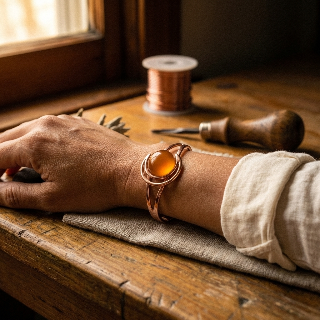 Koperen armband – Bol met oranje steen