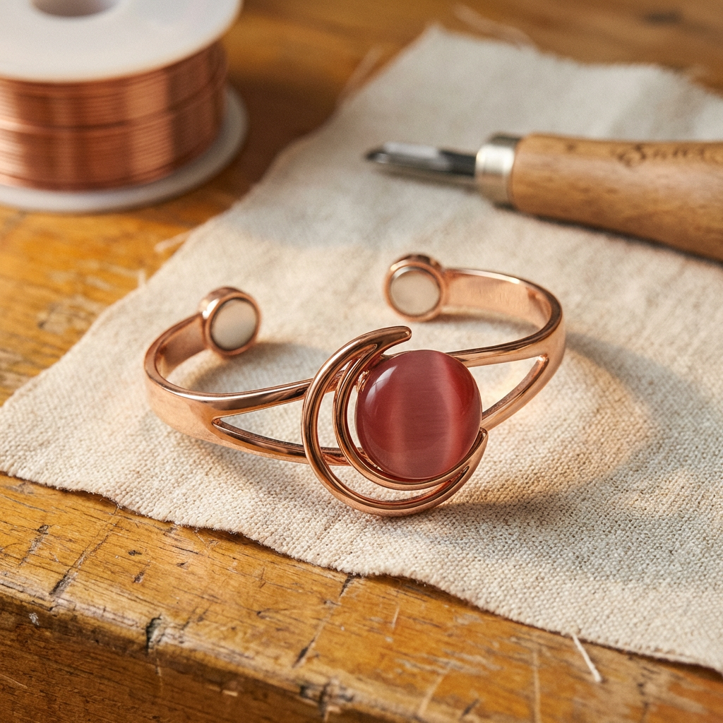 Koperen armband – Bol met roze steen