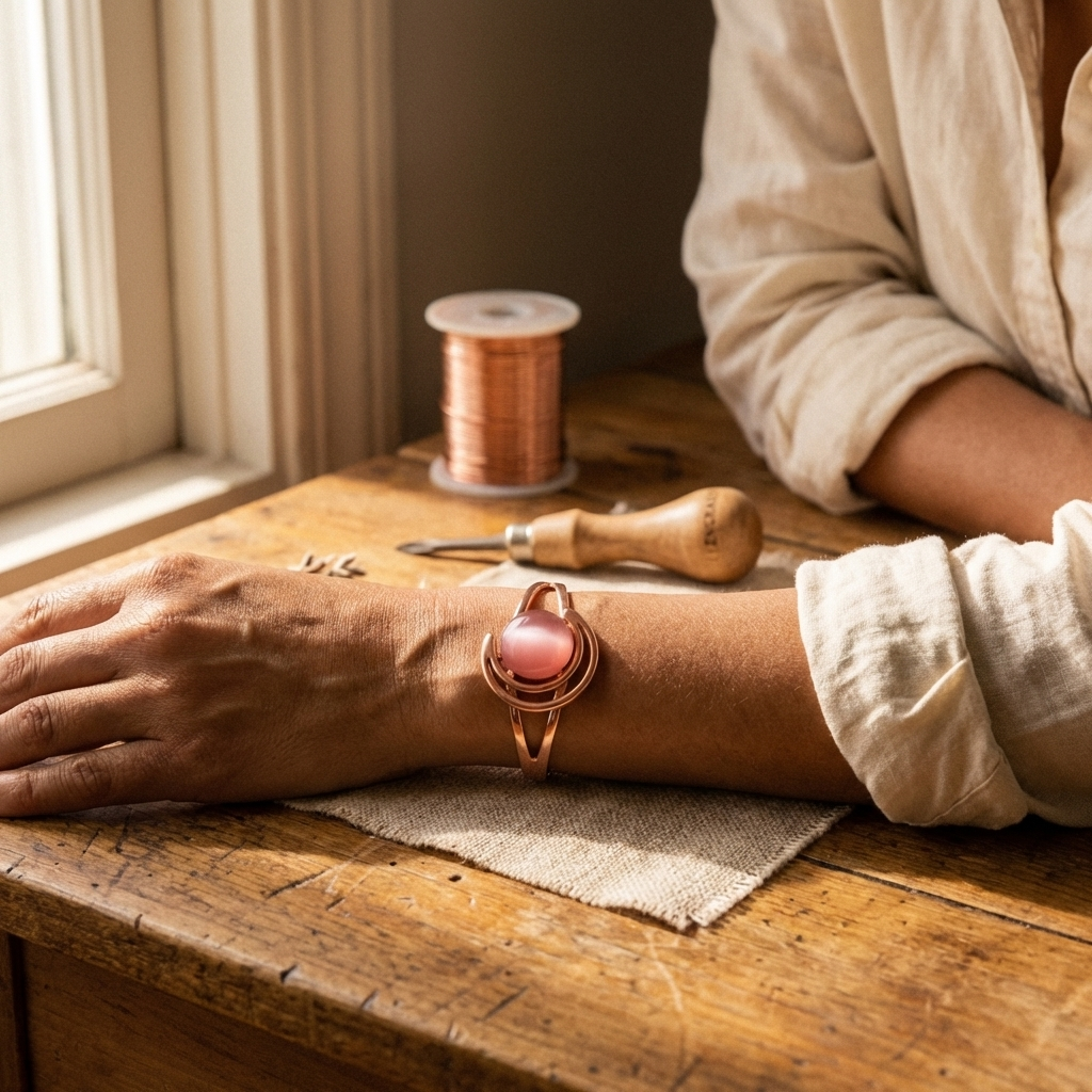 Koperen armband – Bol met roze steen