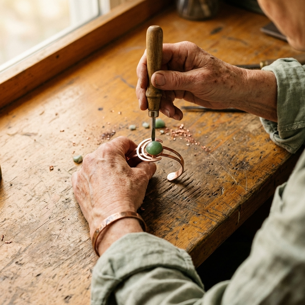 Koperen armband – Bol met groene steen