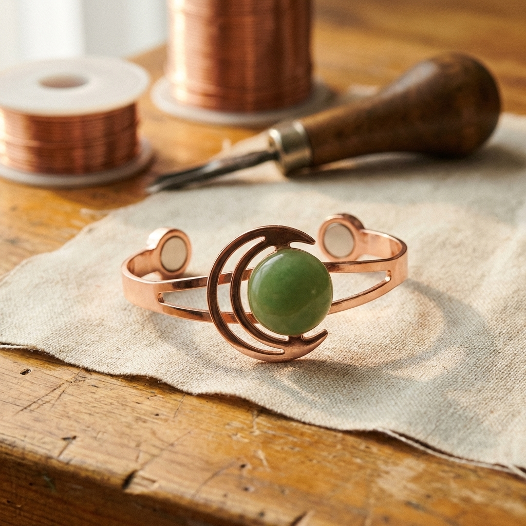 Koperen armband – Bol met groene steen