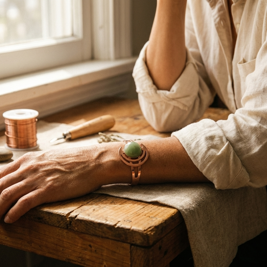 Koperen armband – Bol met groene steen