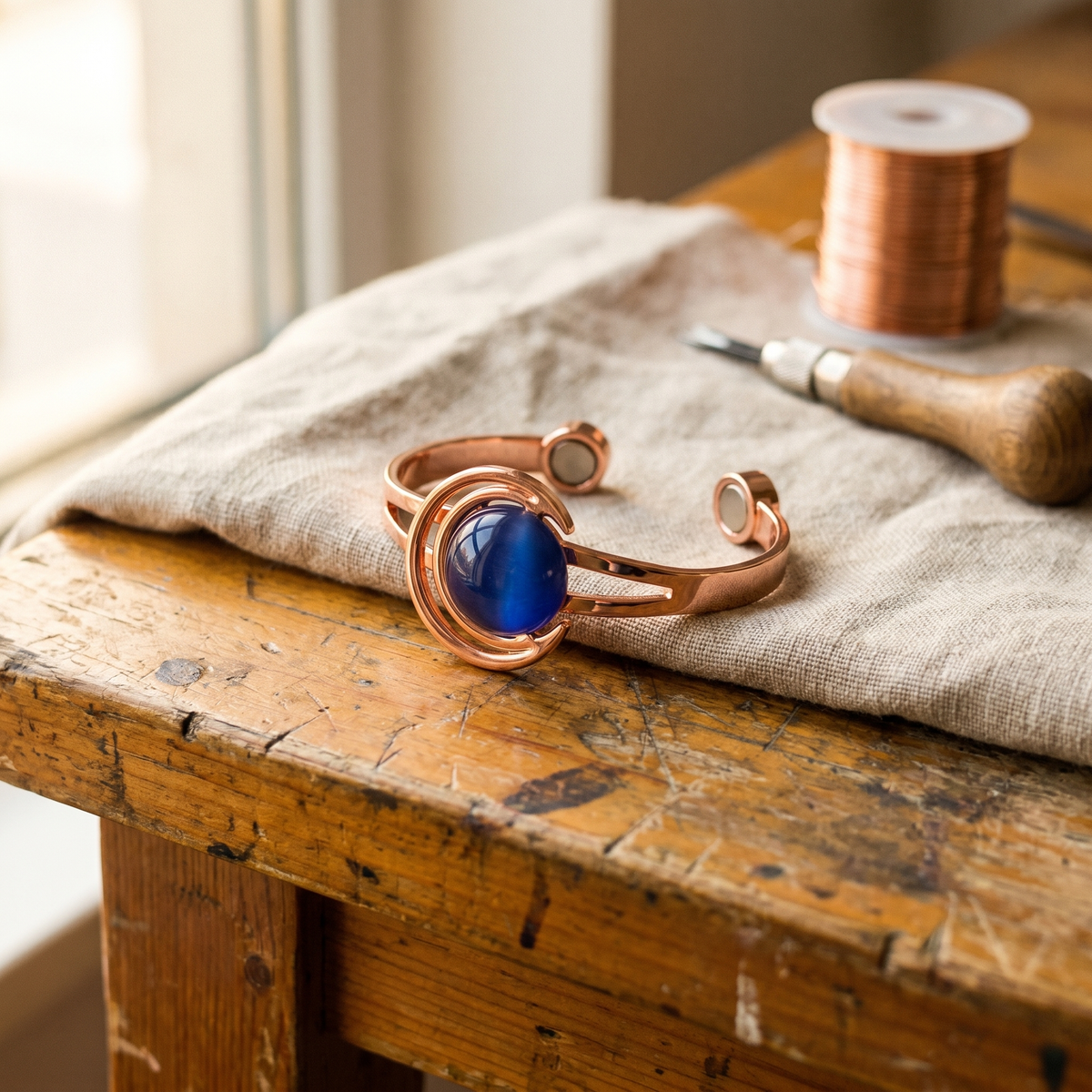 Koperen armband – Bol met blauwe steen