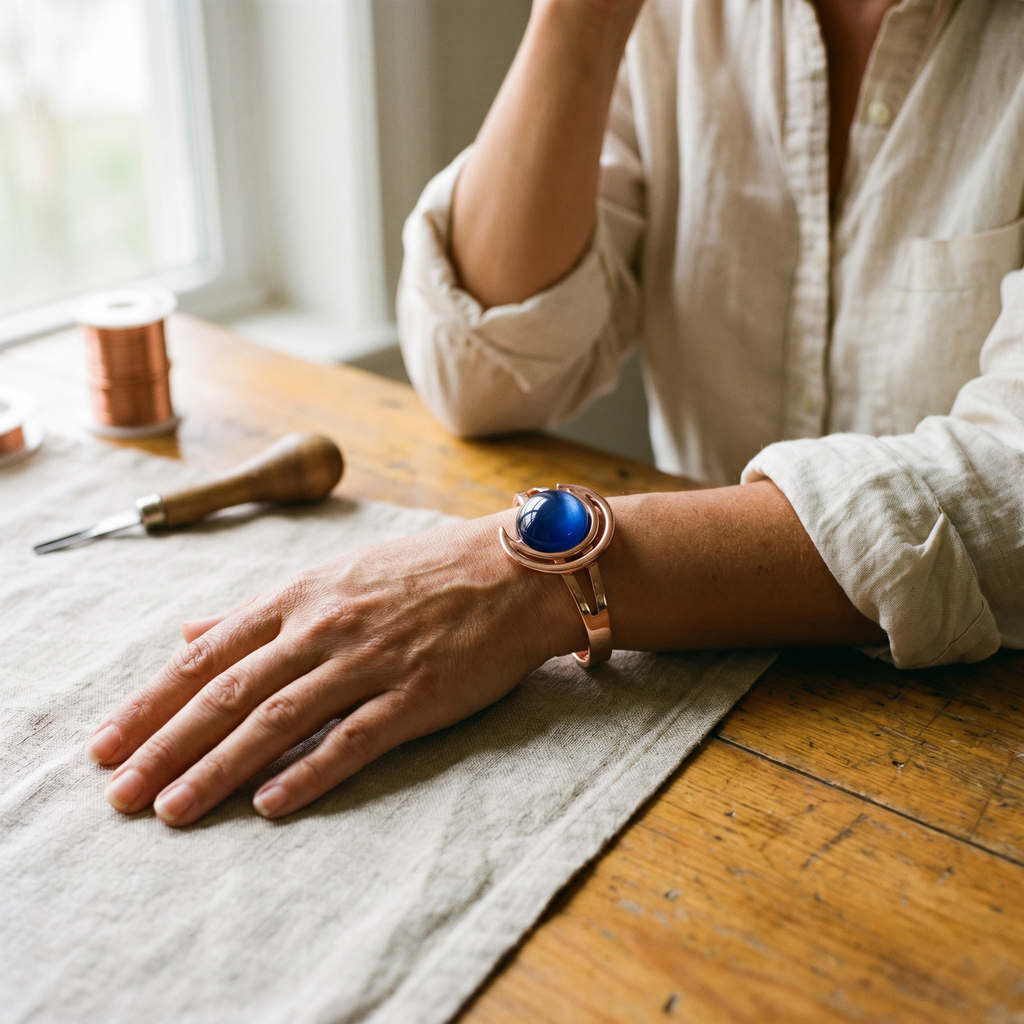 Koperen armband – Bol met blauwe steen