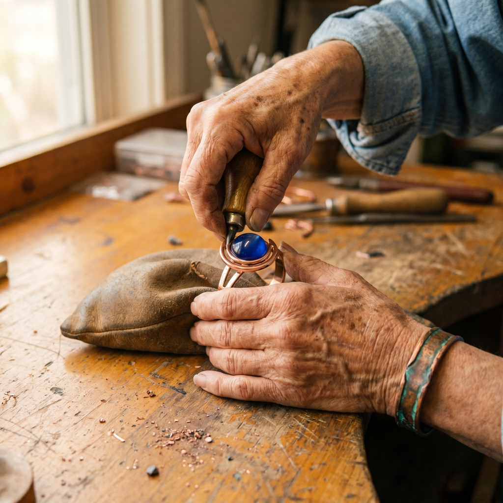 Koperen armband – Bol met blauwe steen