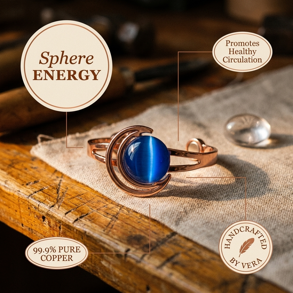 Koperen armband – Bol met blauwe steen