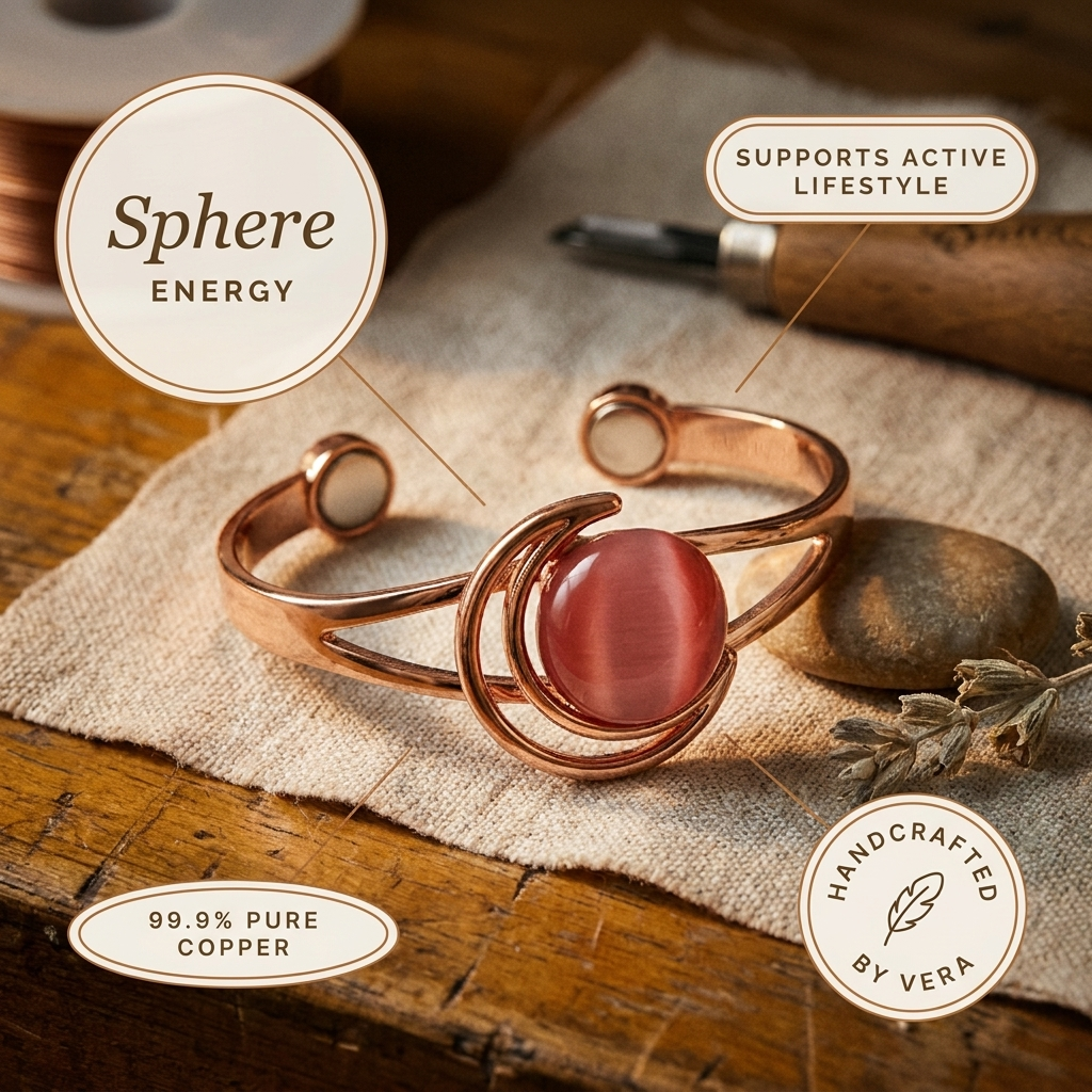 Koperen armband – Bol met roze steen