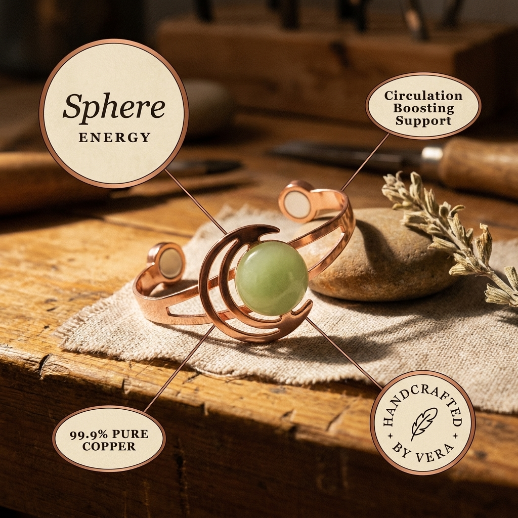 Koperen armband – Bol met groene steen