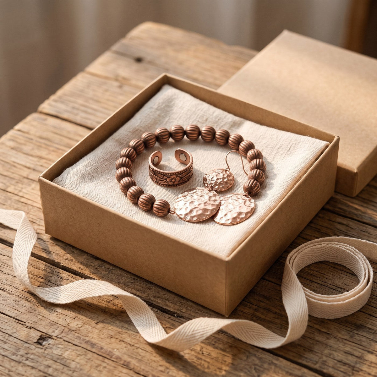 Set van drie koperen sieraden in geschenkdoos